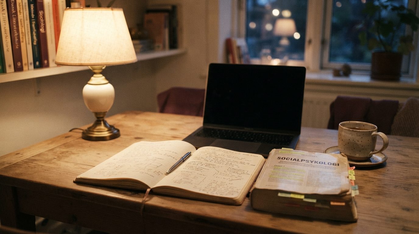 Illustration til guiden: Studieplads derhjemme: skrivebord, computer og brugt pensum