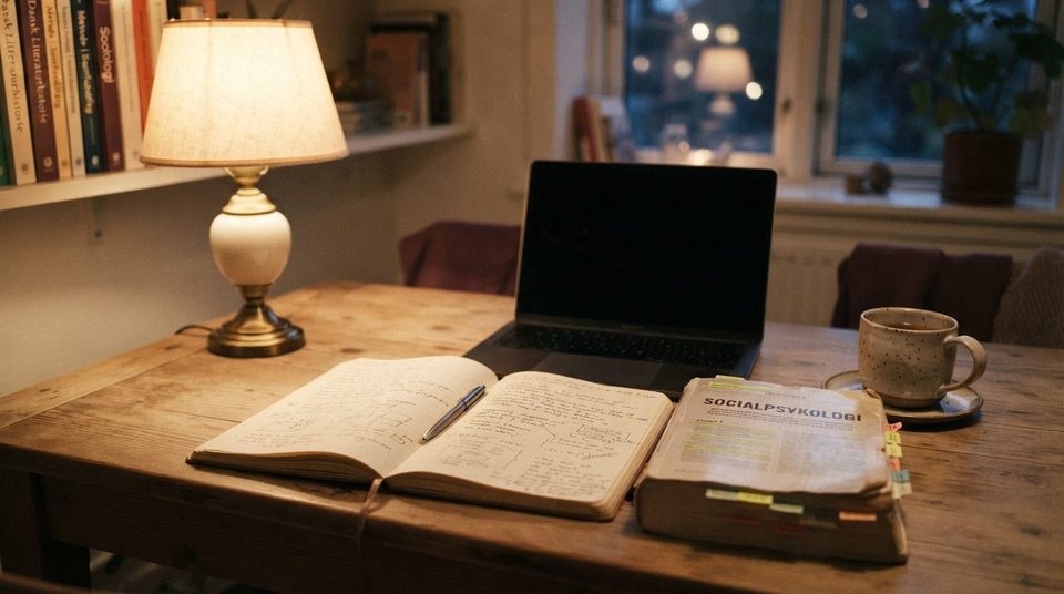 Illustration til guiden: Studieplads derhjemme: skrivebord, computer og brugt pensum